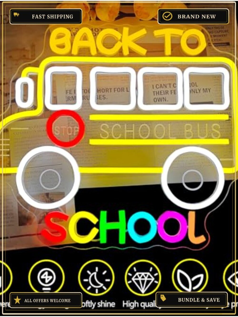 LED Neon Sign School Bus Decor Dimmable Acrylic Wall Art - Picture 3 of 6